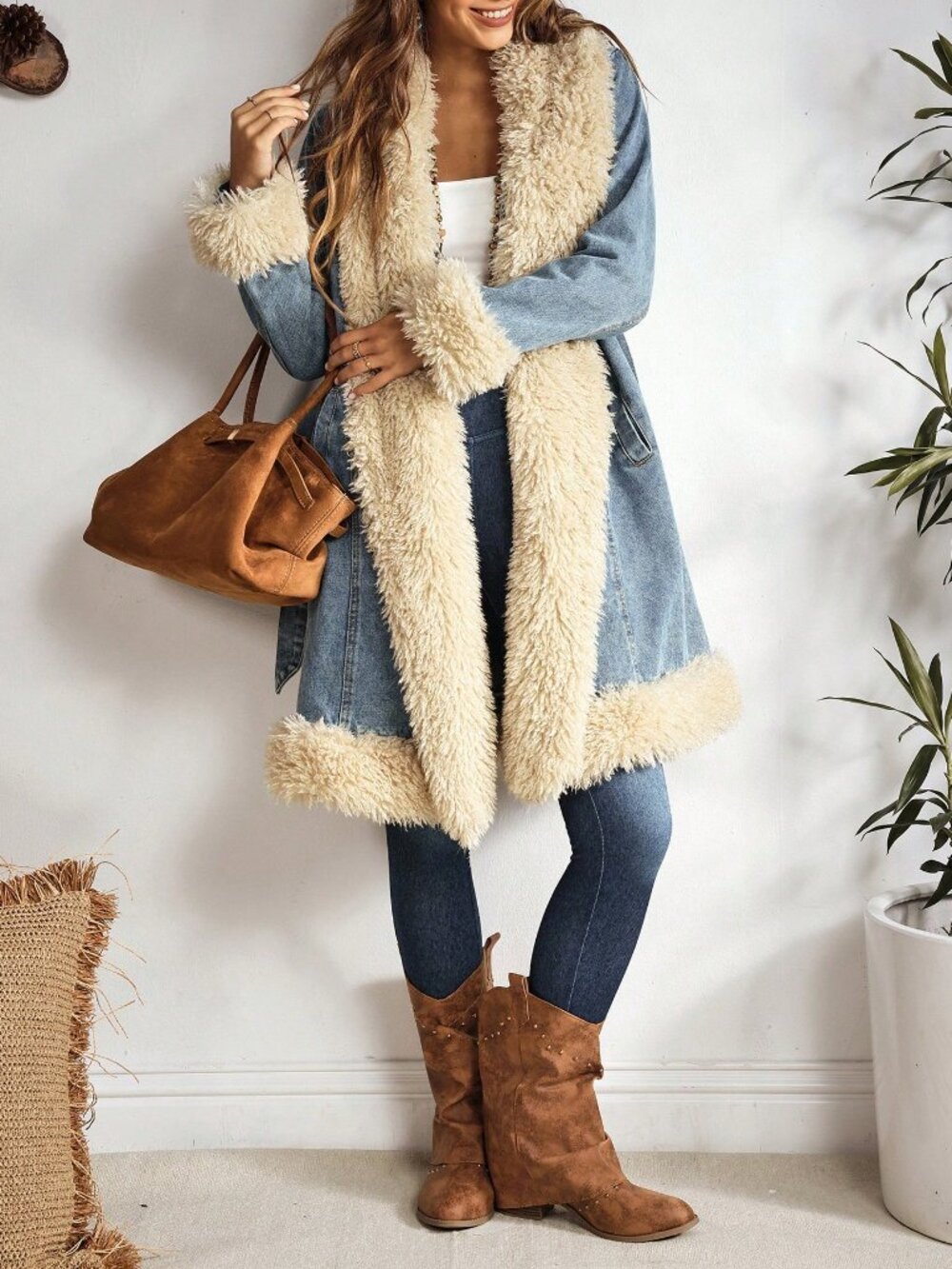 Blue Casual Women's Fuzzy Patchwork Denim Jacket - Picture 3 of 7